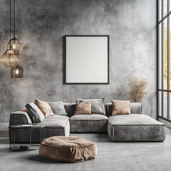 Wall Mural - Loft-Style Living Room Featuring Corner Sofa and Poster Frame

