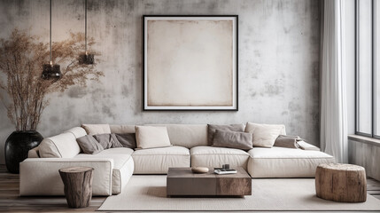 Wall Mural - Minimalist Loft Living Room with Corner Sofa and Art Frame