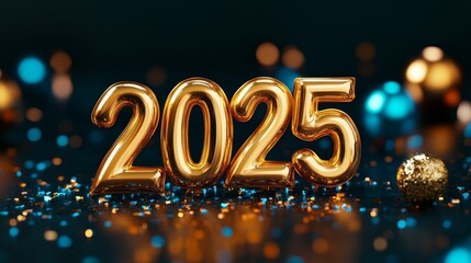 Wall Mural - A 3D  of the year 2025 in golden numbers, set against a backdrop of shimmering blue and gold confetti. The numbers symbolize hope, optimism, new beginnings, and the celebration of the future.