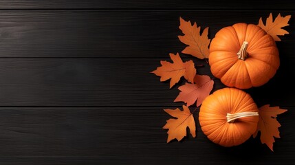 Canvas Print - A beautiful autumn arrangement of two pumpkins and autumn leaves on a black wooden background. The vibrant orange pumpkins and leaves symbolize harvest, abundance, and the beauty of fall. This image i