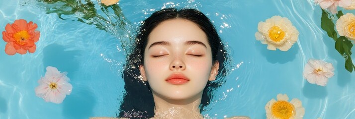 Canvas Print - A beautiful woman with closed eyes floats peacefully in a pool of water. Surrounding her are delicate flowers, symbolizing tranquility, beauty, and the ephemeral nature of life. The soft, natural ligh