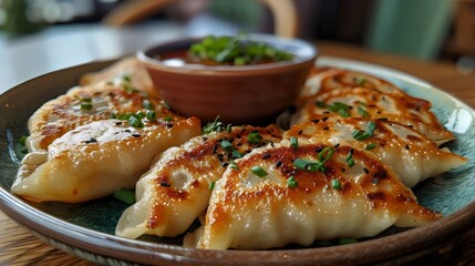 Canvas Print - A plate of dumplings with sauce on the side