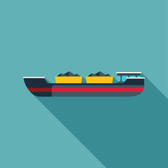 Poster - Cargo ship carrying coal in open containers sailing on blue background, long shadow style
