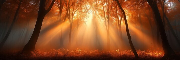 Poster - A captivating scene of an autumn forest bathed in warm, golden sunlight. Sunbeams pierce through the trees, illuminating the vibrant foliage and casting long shadows on the forest floor. The air is fi