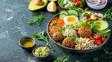 Wall Mural - Mixed healthy vegetarian salads with vegetables, sweet potato, falafel, bulgur, avocado, eggs, space for text 