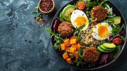 Wall Mural - Mixed healthy vegetarian salads with vegetables, sweet potato, falafel, bulgur, avocado, eggs, space for text 