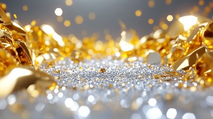 Wall Mural - A close-up abstract image of gold and silver glitter, symbolizing wealth, luxury, celebration, glamour, and sophistication.