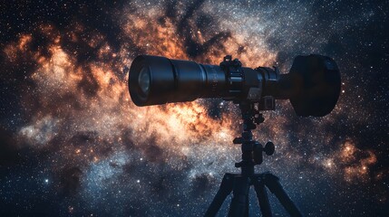 Wall Mural - a tripod setup for astrophotography capturing a galaxy with high resolution, showcasing the universe