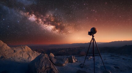 Wall Mural - a tripod setup for astrophotography capturing planets with natural landscape in the background