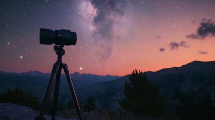 Wall Mural - a tripod setup for astrophotography capturing planets with natural landscape in the background