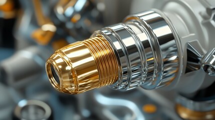 Poster - A closeup of a shiny metal engine part with a gold tip. This image symbolizes precision engineering, intricate details, high-quality materials, industrial design, and advanced technology.