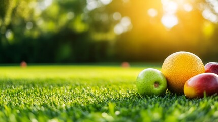 Sticker - A close-up of fresh fruits, including a green apple, orange, and red apple, resting on lush green grass. The image represents a healthy lifestyle, promoting fresh fruits for a balanced diet.