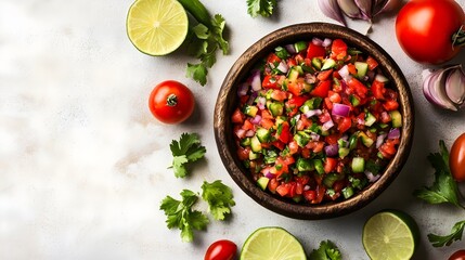 Wall Mural - A close-up view of homemade salsa in a rustic bowl, with colorful ingredients scattered around on a light solid color background