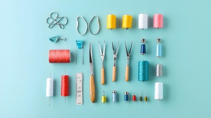 Wall Mural - a neatly organized sewing kit with scissors, pins, and spools arranged on a light solid color backgr