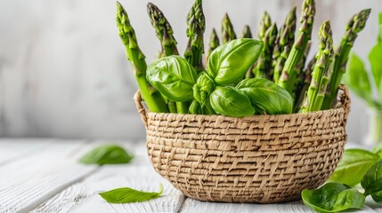 Wall Mural - Healthy food background. A fresh asparagus and green basilica in a straw basket on white wooden table. Front view 