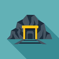 Poster - illustration of a mine entrance with rails leading into the dark opening in a mountainside