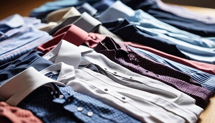 Wall Mural - A close-up view of several neatly folded shirts on a table, highlighting the textures and colors of each garment for a stylish and organized presentation, Generative AI