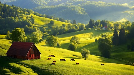 Sustainable farming. A picturesque rural landscape featuring a red barn, lush green hills, and grazing cows under soft sunlight. 