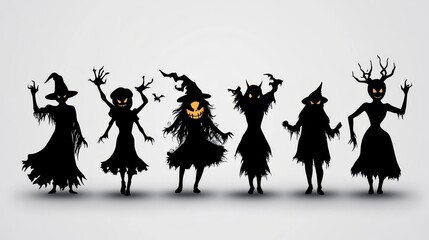 Canvas Print - A collection of six Halloween silhouettes in different poses, creating a spooky and mysterious atmosphere. These figures, including witches, a demon, and a creature with antlers, evoke a sense of play