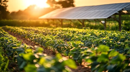 Sustainable farming. A vibrant sunset over a lush green farm with rows of crops and solar panels in the background, emphasizing sustainable agriculture. 