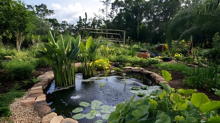 Sustainable farming. A serene garden featuring a tranquil pond surrounded by lush greenery and colorful flowers, perfect for nature and relaxation themes. 