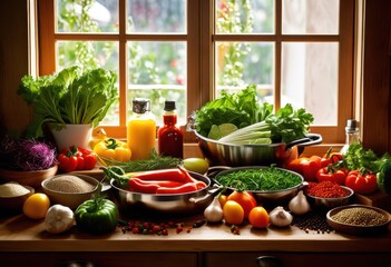 vibrant ingredients artfully arranged neat cooking space showcasing culinary creativity organization, arrangement, vegetables, fruits, herbs, spices