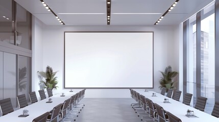 Blank screen in a light modern conference room with some people. AI generative 