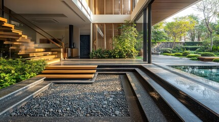 Poster - Modern House Interior With Stone and Wooden Steps.