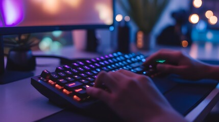 Wall Mural - Tech accessibility. A close-up of hands typing on a backlit keyboard in a cozy, modern workspace illuminated by colorful lights and soft bokeh. 