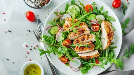 Wall Mural - Green salad with baked chicken breast at white kitchen table. Healthy food, clean eating concept. Top view image. 