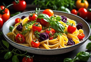 vibrant pasta dishes featuring fresh ingredients elegantly arranged colorful culinary presentation, colors, gourmet, plate, food, meal, cuisine, texture