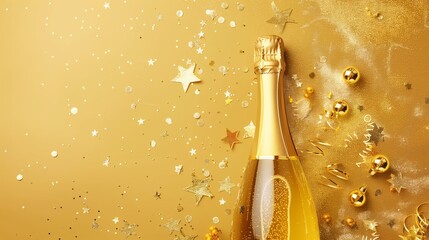 Champagne bottle with confetti stars, holiday decoration and party streamers on gold festive background. Christmas, birthday or wedding concept. Flat lay. 