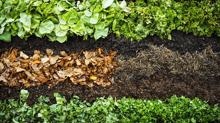 Closeup of a compost pile with layers of green and brown materials