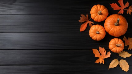 Sticker - A festive arrangement of orange pumpkins and autumn leaves on a dark wooden background. This image evokes feelings of warmth, harvest, and the changing seasons.  It's perfect for adding a touch of fal