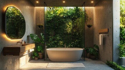 Poster - Modern bathroom interior with a freestanding bathtub, wooden countertop, and a large window overlooking a lush green wall.