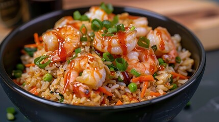 Wall Mural - Sriracha shrimp fried rice dish with garnish dots of siracha sauce. 