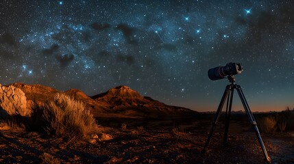 Wall Mural - a tripod setup for astrophotography capturing constellations with a natural landscape background