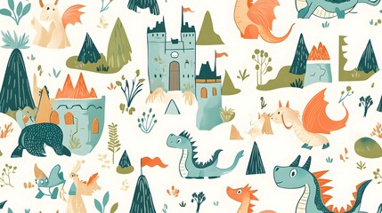 whimsical fairy tale creatures like dragons kni. Whimsical fairy tale creatures like dragons, knights, and castles in a seamless, storybook-inspired p