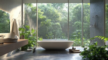 Canvas Print - Modern bathroom with bathtub and a window overlooking a lush green forest.