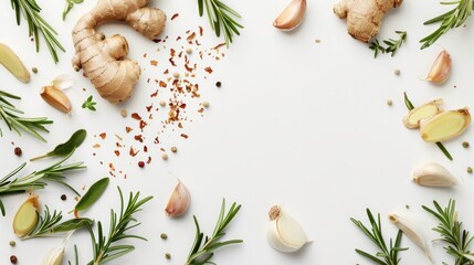 Wall Mural - Seasoning background. Dry spices near ginger, garlic, rosemary, laurel leaf on white background top view copy space 