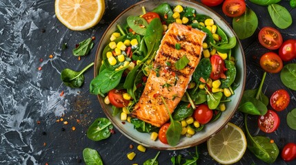 Wall Mural - Salmon Salad with spinach, cherry tomatoes, corn salad, baby spinach, fresh mint and basil. Home made food. Concept for a tasty and healthy meal. Dark stone background. Top view. Close up. 