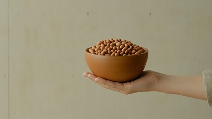 A hand gently holds a rustic bowl filled with roasted soybeans, representing the wholesome and natural goodness of this versatile legume.  These beans are a source of protein, fiber, and nutrients, ma