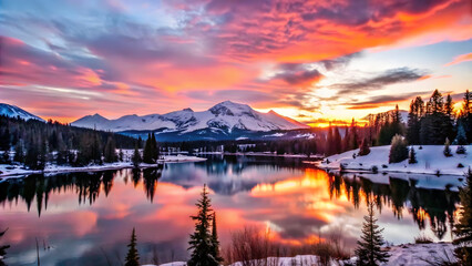 Wall Mural - A breathtaking view of a snow-capped mountain range during sunset, with vibrant pink and orange hues in the sky. A calm lake reflects the mountains and the sky, surrounded by a dense pine forest. The 