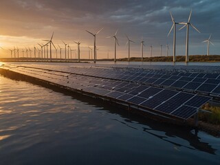 A serene solar farm on the water with sunset and wind turbines.