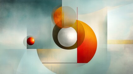 Sticker - A minimalist abstract composition featuring overlapping circles and geometric shapes in warm tones of orange, red, and yellow. The image evokes a sense of balance, harmony, and tranquility, suggesting