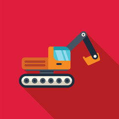 Poster - Orange excavator with a raised bucket is digging on a red background with a long shadow