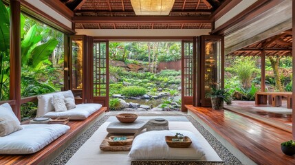 Open patio with tropical view and wooden seating.