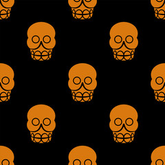 Wall Mural - Seamless pattern with stylized human skulls. Halloween design. Aztec symbol of death. Orange silhouettes on black background.