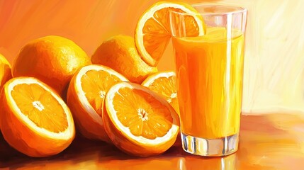 Sticker -   A painting featuring oranges and an orange juice glass on a table, adorned with oranges alongside it