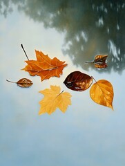 Wall Mural - A serene image of fallen autumn leaves floating on the surface of calm water, their vibrant colors mirrored in the reflection. The leaves represent the beauty and transience of nature, while the still